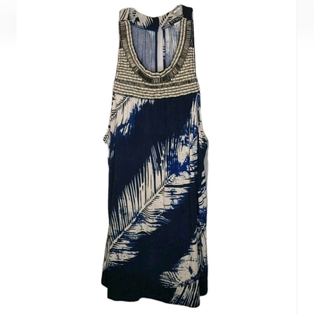 Y2k Venus Beaded Swing Resort Tank Longline Blue Palm Leaf Nautical Coastal 2X